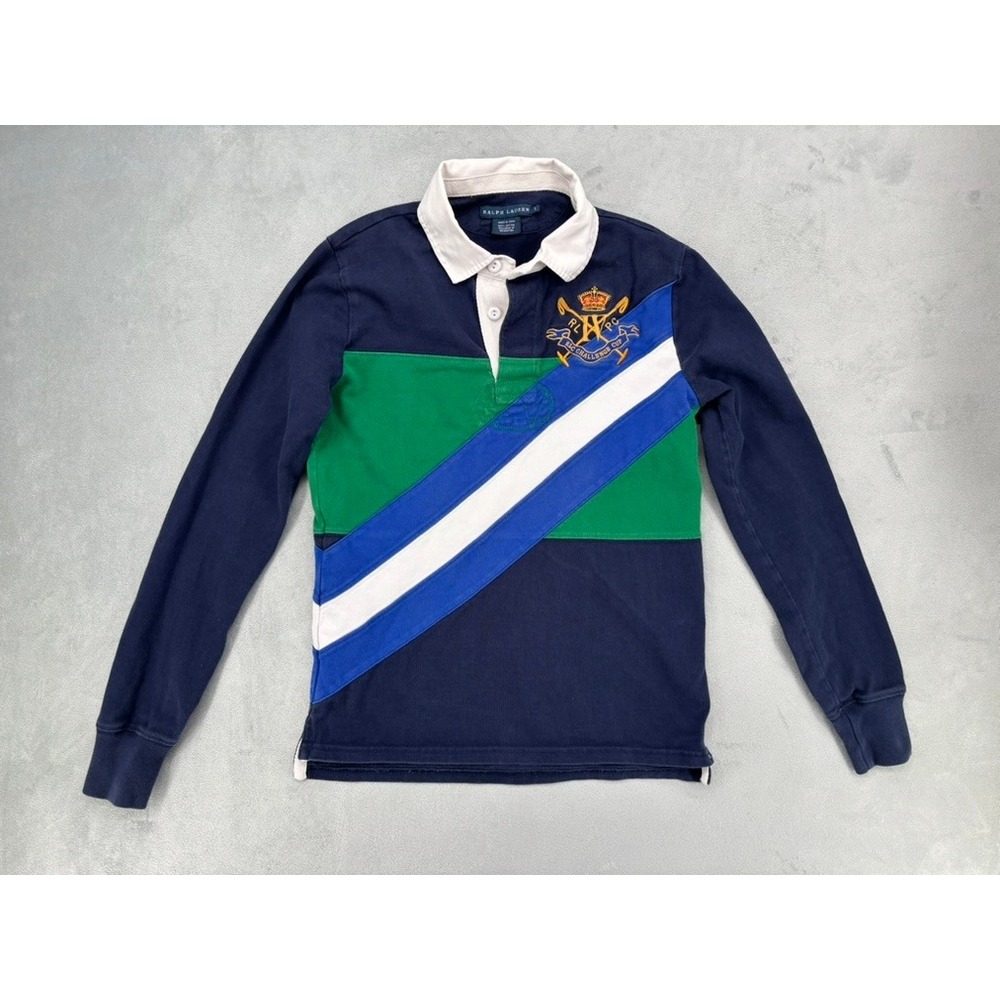 Y2K 90s Ralph Lauren Rugby Shirt Kids S Navy Green Stripe RLC Challenge Cup Polo